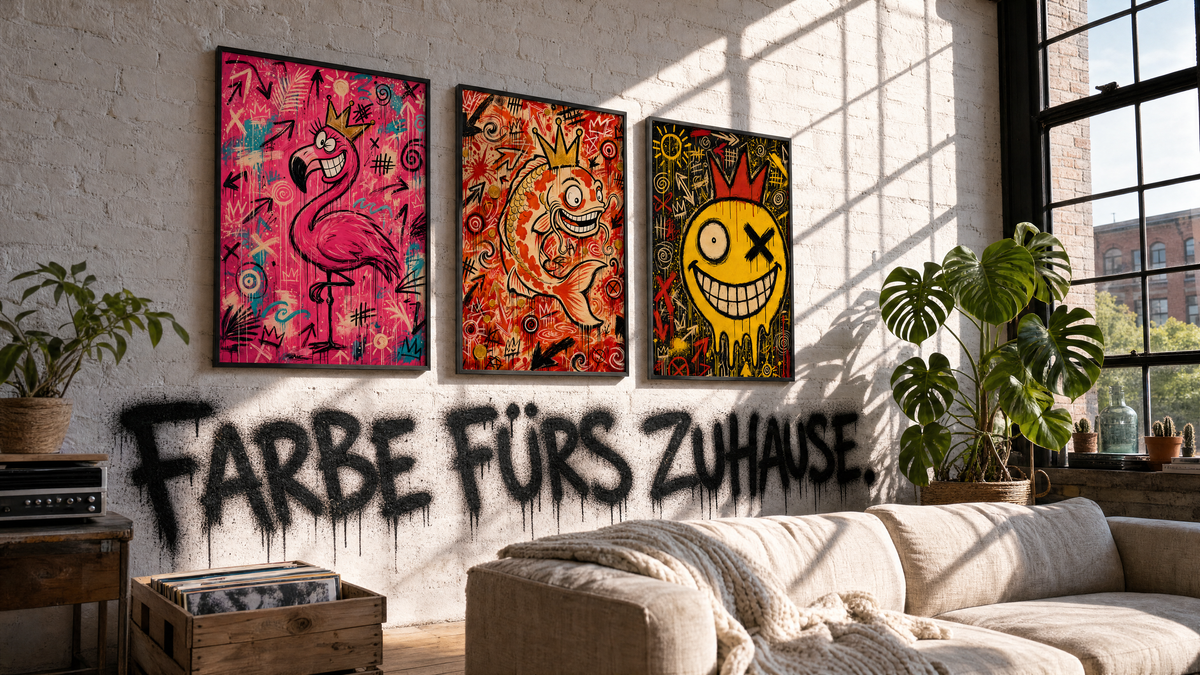 FARBE FÜRS ZUHAUSE – Flamingo-, Koi- und Smiley-Kunstwerk im sonnigen Loft-Wohnzimmer