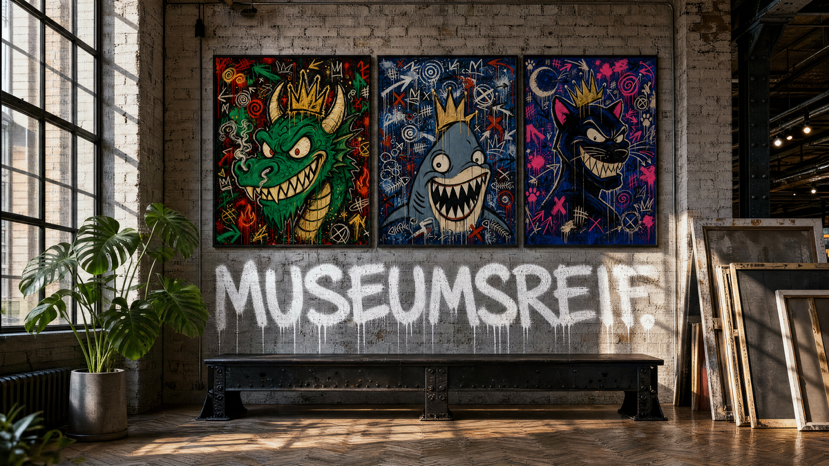 MUSEUMSREIF – Drachen-, Hai- und Katzen-Kunstwerk in einem Industrie-Loft mit Ziegelwand