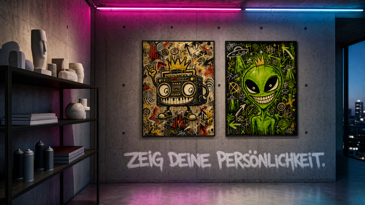 ZEIG DEINE PERSÖNLICHKEIT – Boombox- und Alien-Kunstwerk im Beton-Studio mit Neonlicht