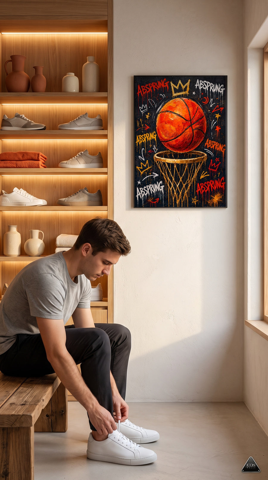 Basketball-Kunstdruck Absprung ueber Mann beim Schuhebinden im Sneaker-Loft