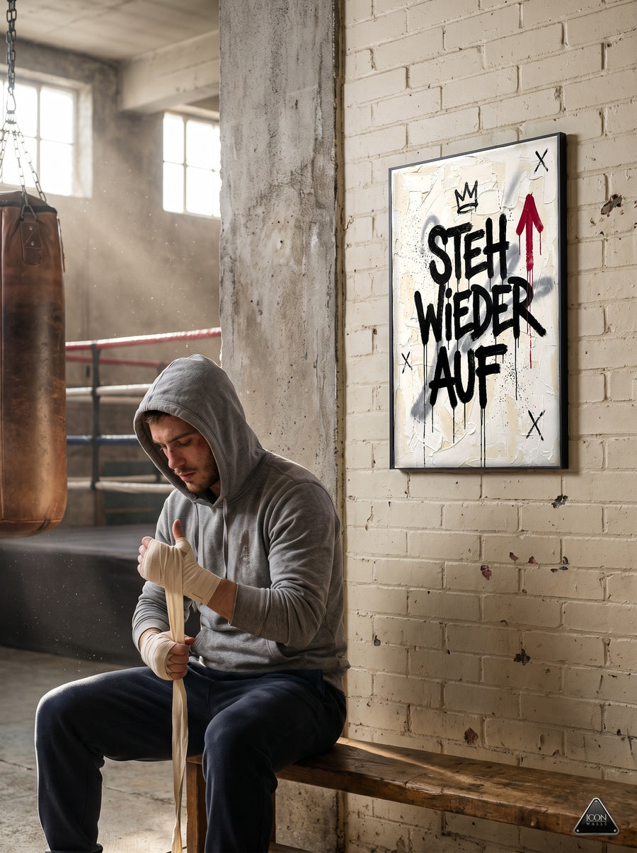 Boxer bandagiert seine Haende neben dem Motivationsposter Steh wieder auf an weisser Ziegelwand im Boxgym