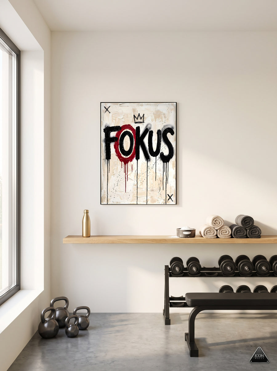 Helles Home-Gym mit Hanteln und dem gerahmten FOKUS-Print