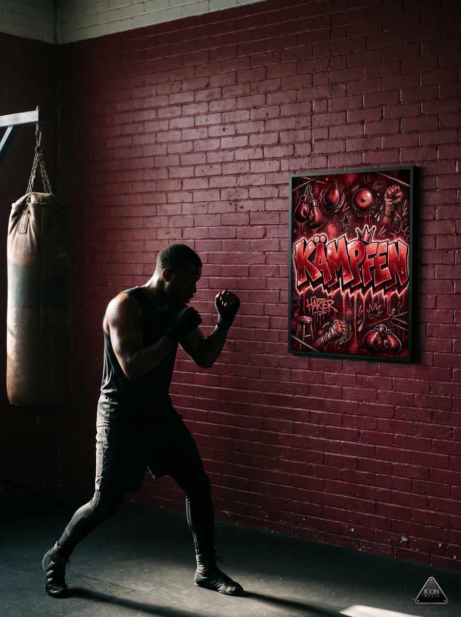 Boxer beim Schattenboxen vor dem roten Graffiti-Poster Kaempfen an dunkelroter Ziegelwand im Boxgym