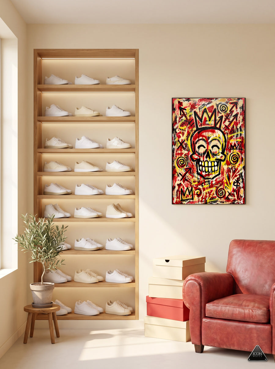 Graffiti-Skull-Kunstdruck neben beleuchtetem Sneaker-Regal und rotem Ledersessel