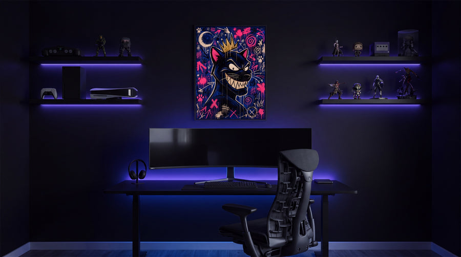 Dunkles Gaming-Zimmer mit blauem LED-Licht, über dem Schreibtisch der Midnight-Blue-ICON-CAT