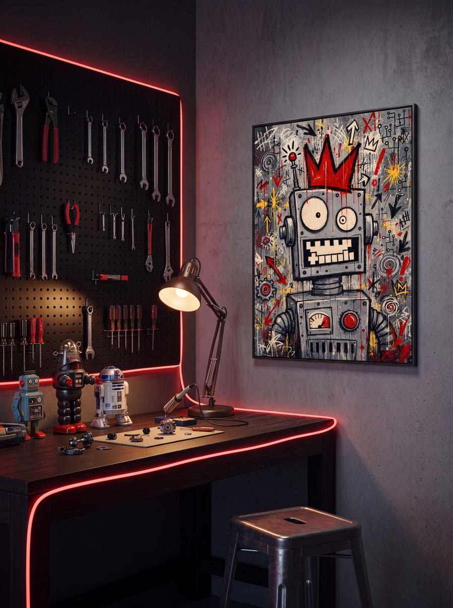 Dunkle Werkstatt-Ecke mit rotem LED-Band und dem Steel-Red-ICON-ROBOT