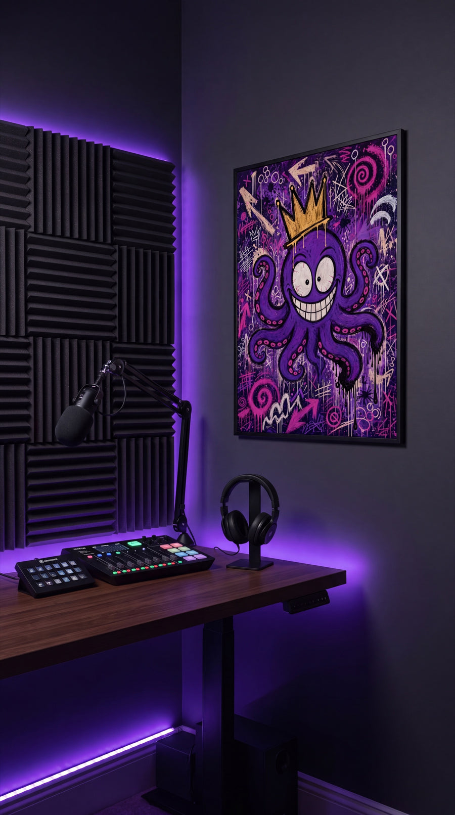 Streaming-Setup mit Mikrofon, violettem LED-Licht und dem Deep-Purple-ICON-OCTOPUS