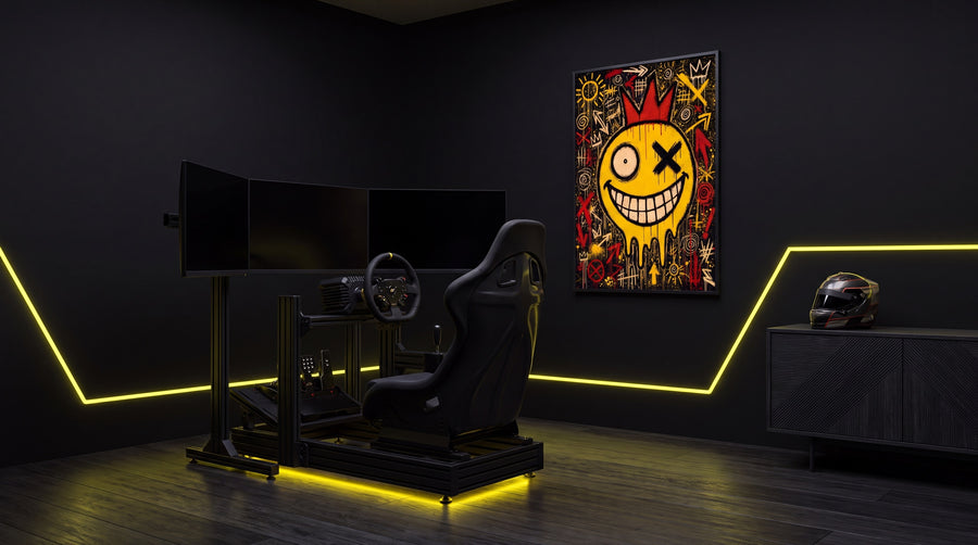 Racing-Simulator im dunklen Raum mit gelbem Neonlicht und dem Acid-Yellow-ICON-SMILEY