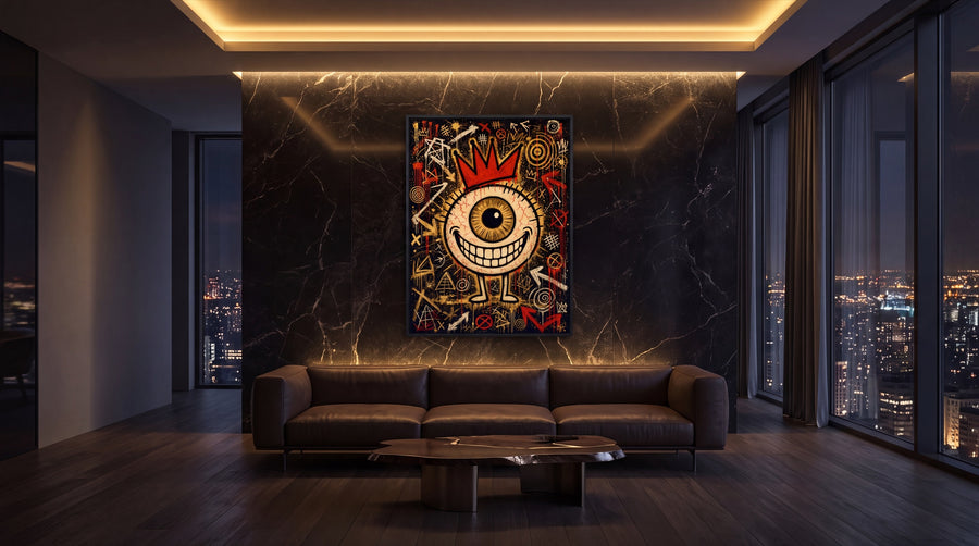 Penthouse-Lounge mit Marmorwand, Skyline-Blick und dem Golden-Black-ICON-EYE
