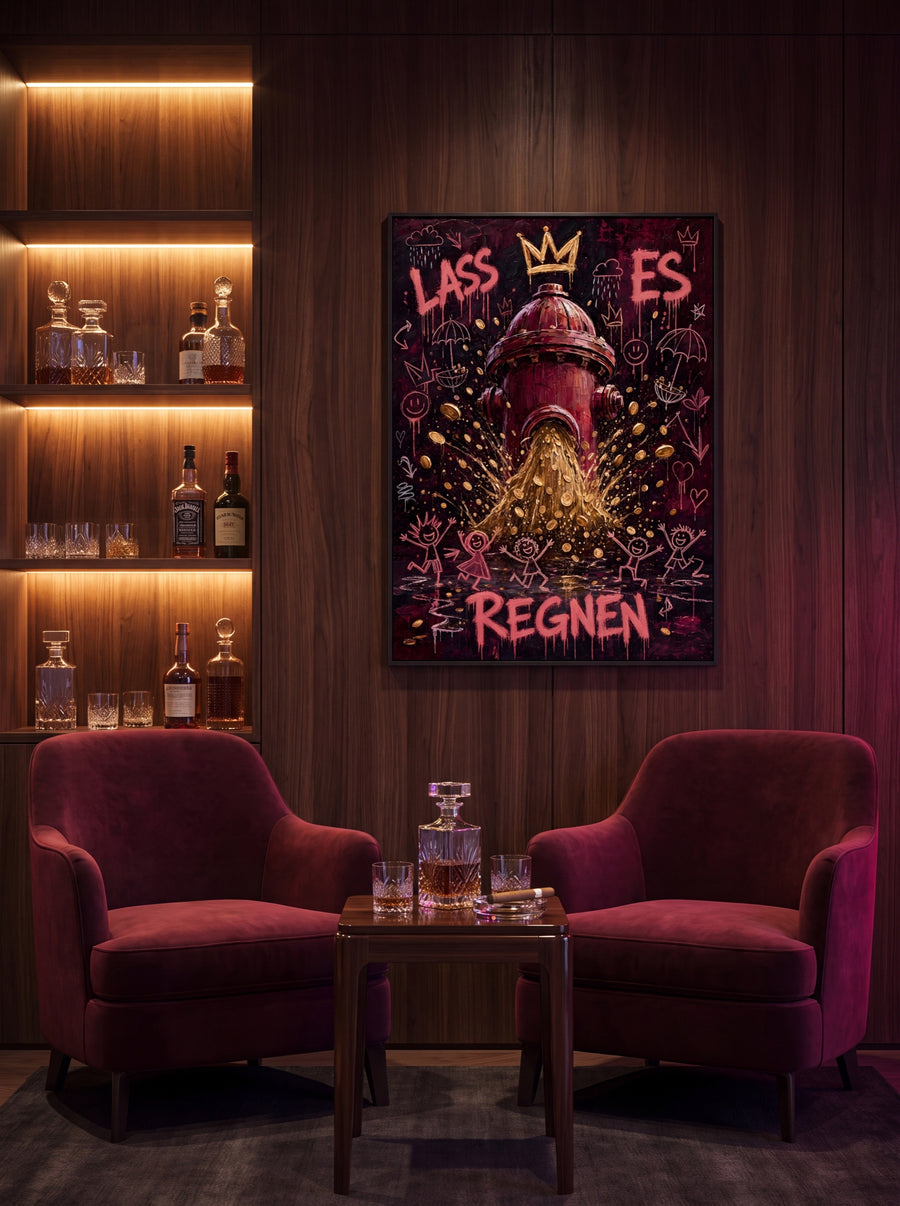 Whisky-Lounge mit Holzvertäfelung, Samtsesseln und dem Kunstwerk Lass es regnen