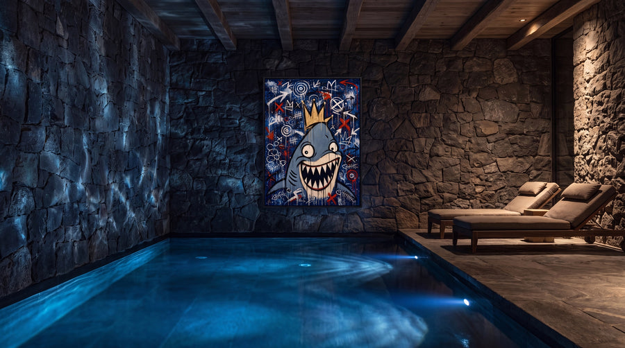 Villa-Pool bei Nacht mit blauem Unterwasserlicht und dem Deep-Blue-ICON-SHARK
