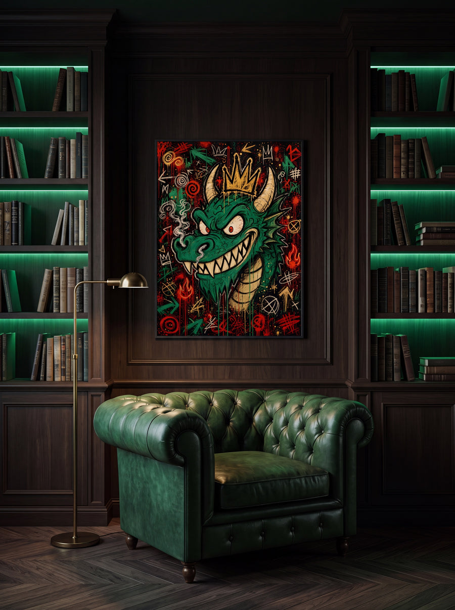 Bibliothek mit grünem Regallicht, Chesterfield-Sessel und dem Emerald-Green-ICON-DRAGON