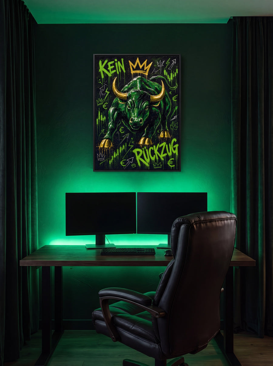 Trading-Büro mit grünem LED-Licht und dem Bullen-Kunstwerk Kein Rückzug