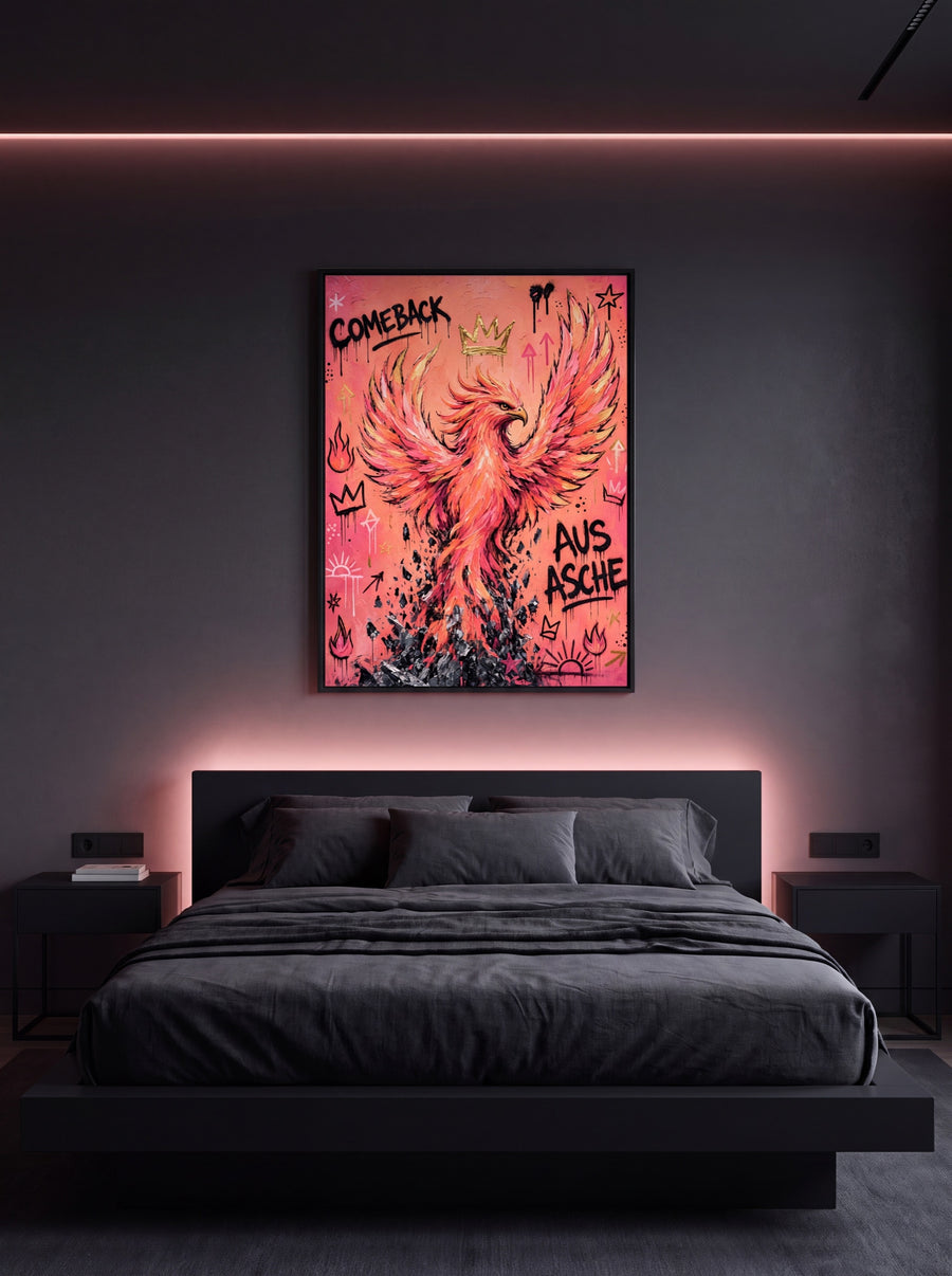 Dunkles Schlafzimmer mit rosa LED hinter dem Bett und dem Phönix Comeback aus Asche
