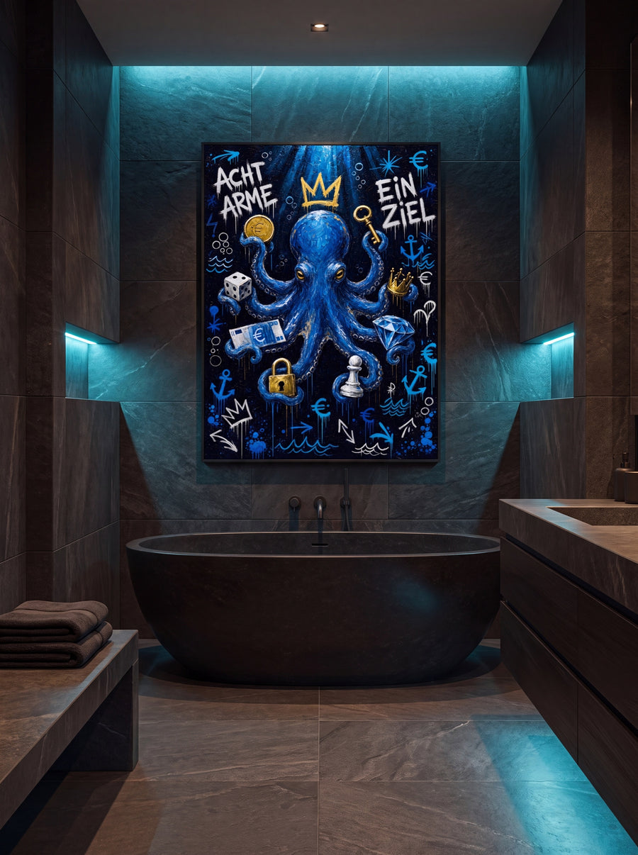 Spa-Bad in dunklem Stein mit türkisem LED-Licht und dem Kunstwerk Acht Arme, ein Ziel