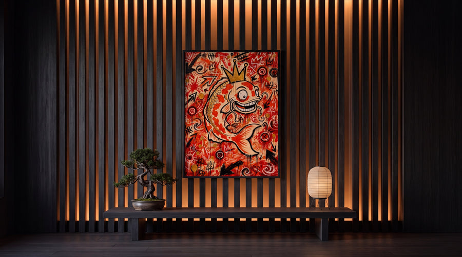 Japandi-Raum mit Holzlamellen, warmem Licht und dem Sunset-Orange-ICON-KOI
