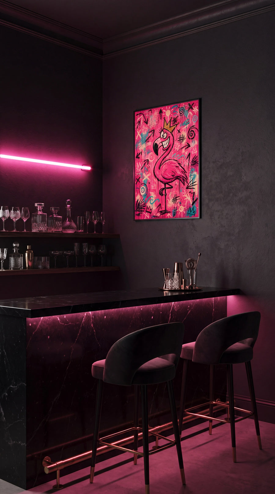 Hausbar mit pinker Neonröhre und dem Hot-Pink-ICON-FLAMINGO