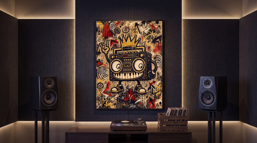 Musikstudio mit Plattenspieler, Studiomonitoren und dem Street-Black-ICON-BOOMBOX