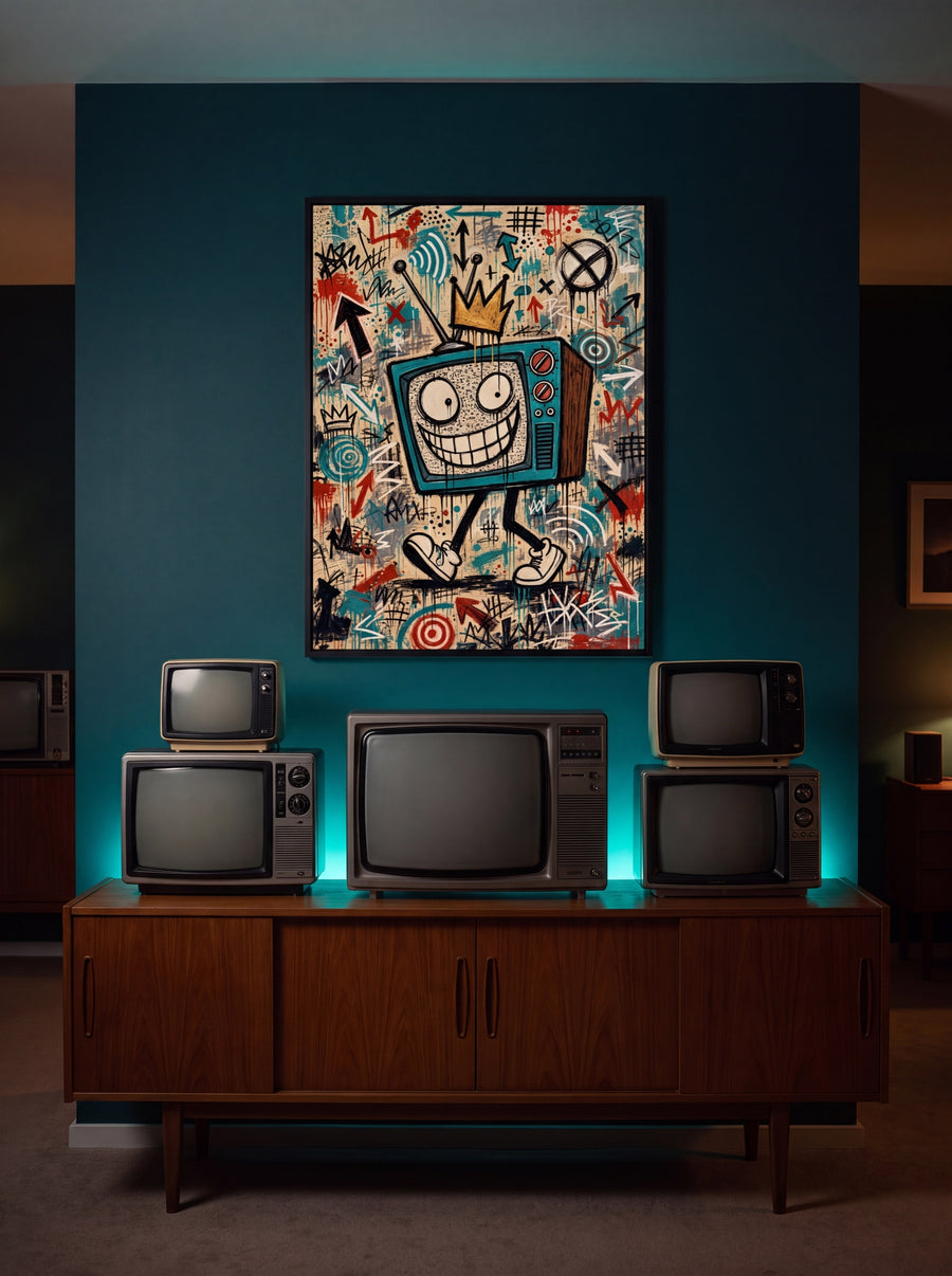 Retro-Ecke mit alten Fernsehern, türkisem LED-Licht und dem Retro-Teal-ICON-TV
