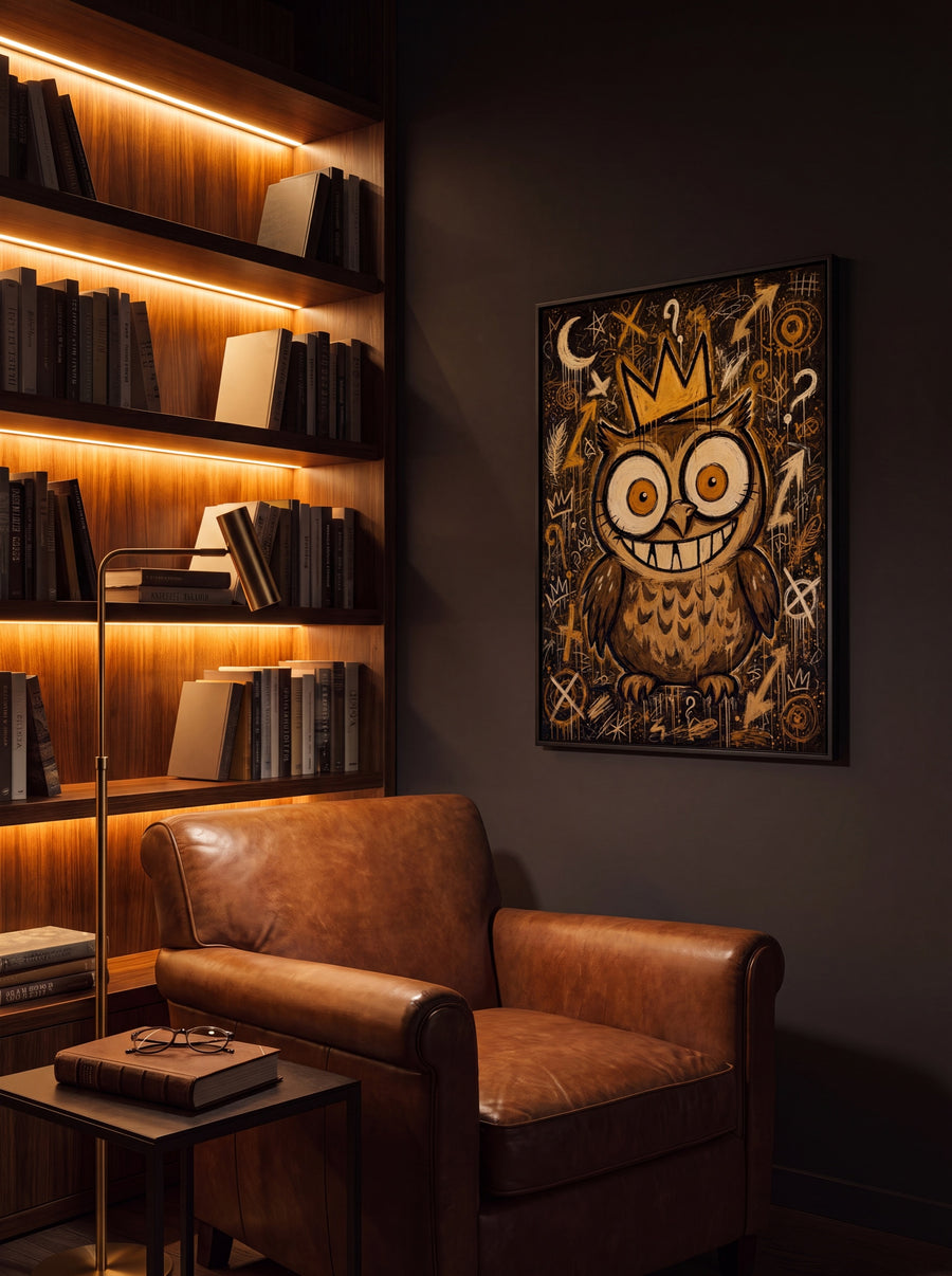 Leseecke mit Ledersessel, warmem Regallicht und dem Vintage-Brown-ICON-OWL