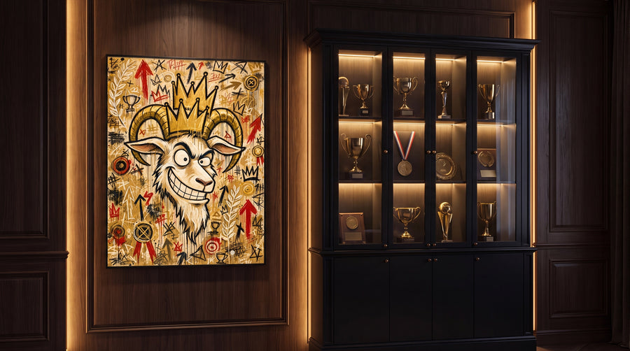 Trophäenzimmer mit beleuchteter Vitrine und dem Golden-Sand-ICON-GOAT