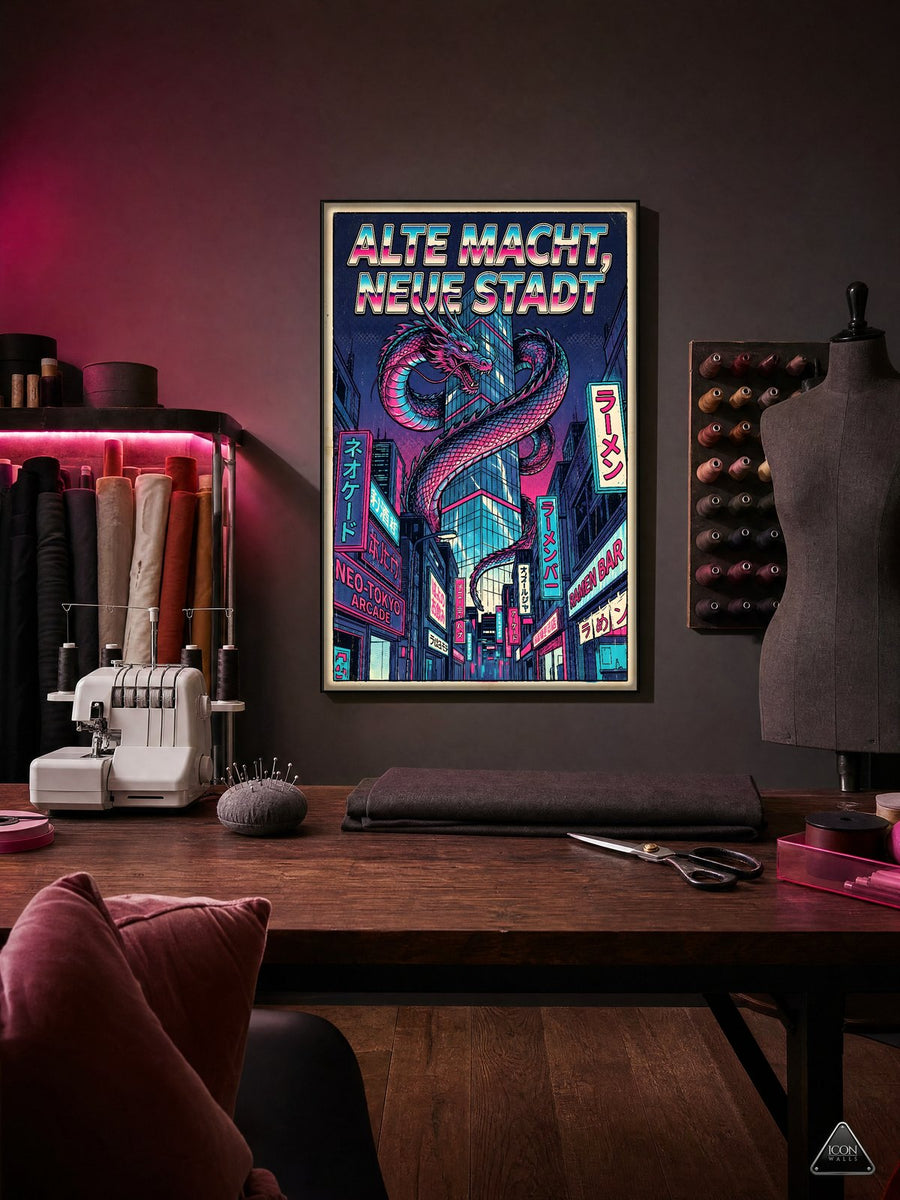 Nähzimmer mit Stoffballen bei Nacht, Lichtfarbe Neon-Pink – an der Wand das Kunstwerk Alte Macht, neue Stadt