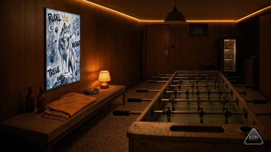 Partykeller mit Kickertisch bei Nacht, Lichtfarbe Warmes Gold – an der Wand das Kunstwerk Rudel & Treue