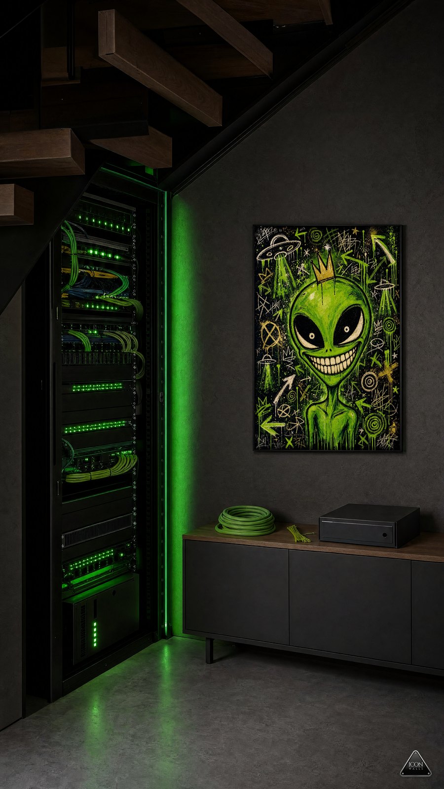 Homelab-Rack unter der Treppe bei Nacht, Lichtfarbe Giftgrüne Status-LEDs – an der Wand das Kunstwerk Toxic Green – ICON ALIEN