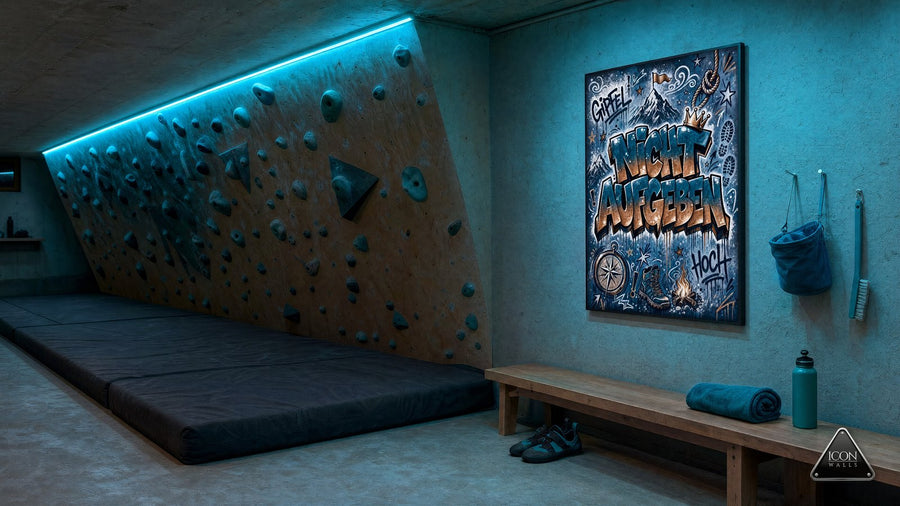 Boulderwand im Kellerraum bei Nacht, Lichtfarbe Cyan-Petrol – an der Wand das Kunstwerk Nicht aufgeben